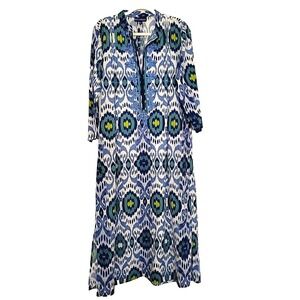 NWOT Ro's Garden Clorinda Kaftan Maxi Dress Blue Green Ikat Embroidered XL